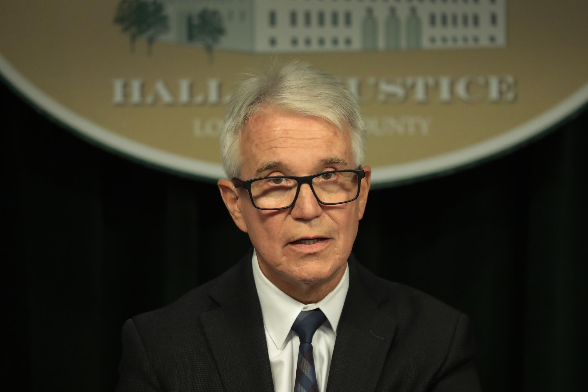 George Gascón speaks during a press conference 