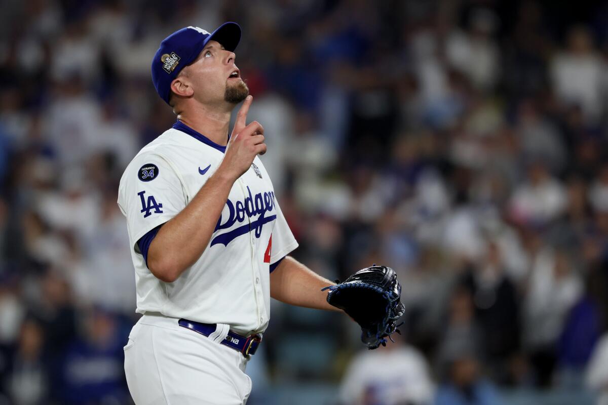 Dodgers pitcher Blake Treinen reacts as he leaves the mound in the ninth inning of Game 2 of the World Series 