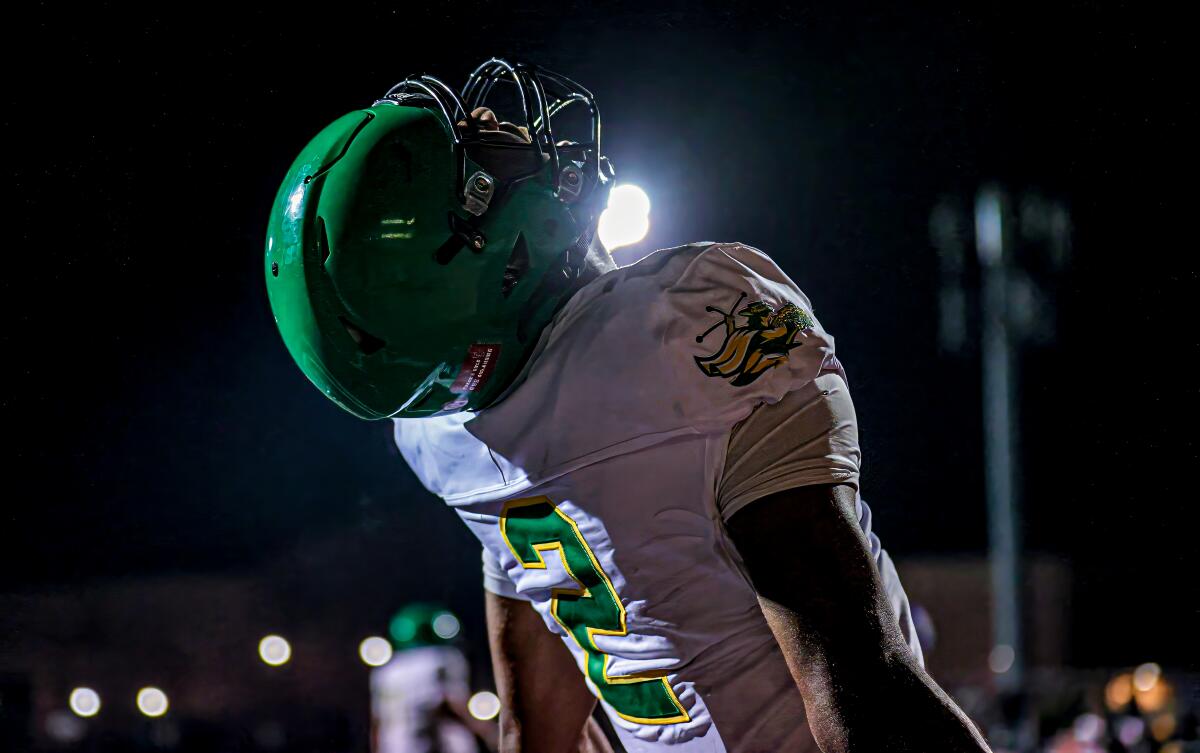 Quarterback Jaden O'Neal of Narbonne celebrates a victory over Cathedral last month in a nonleague game.