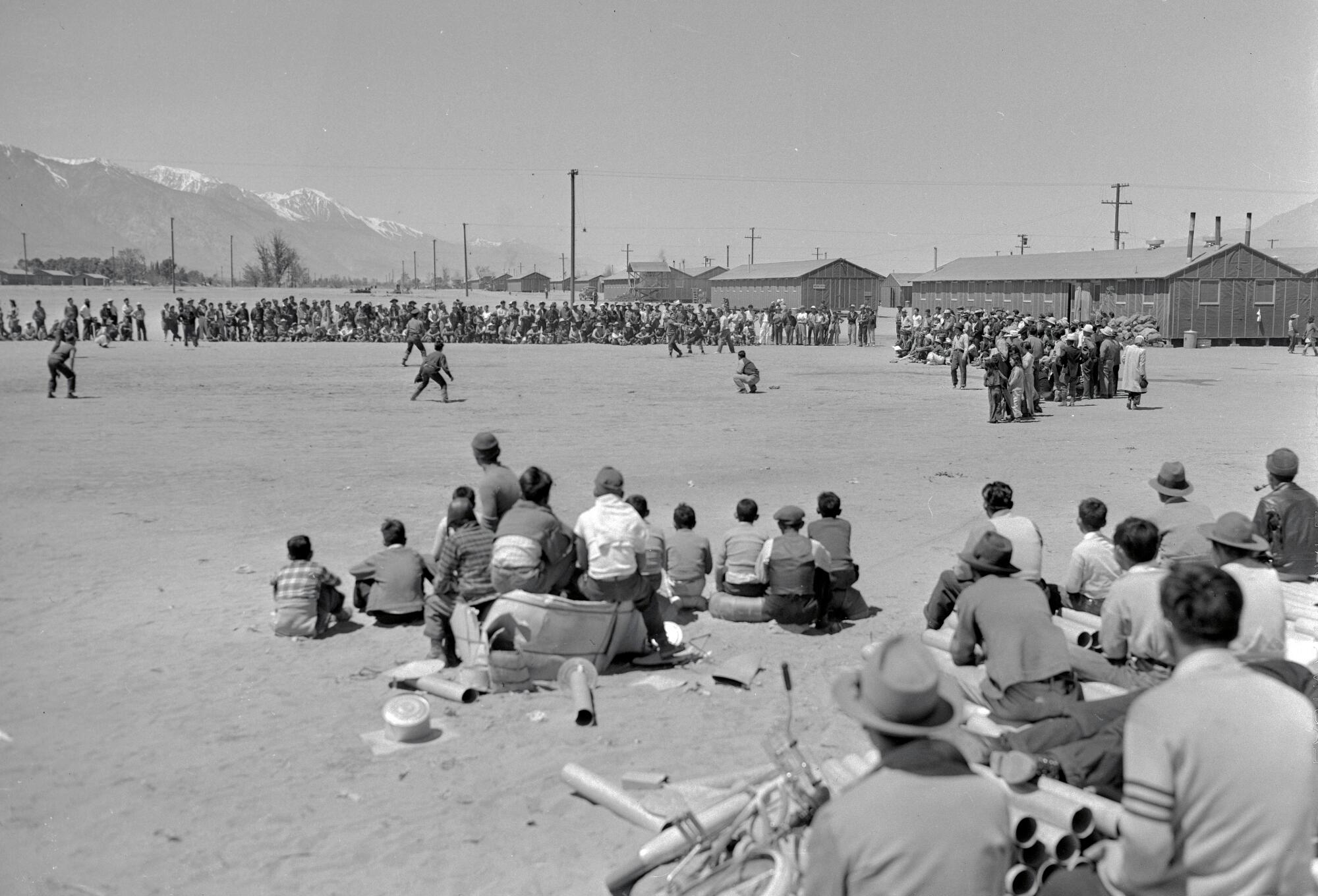 May 1942 photo of a baseball game being played at Manzanar.