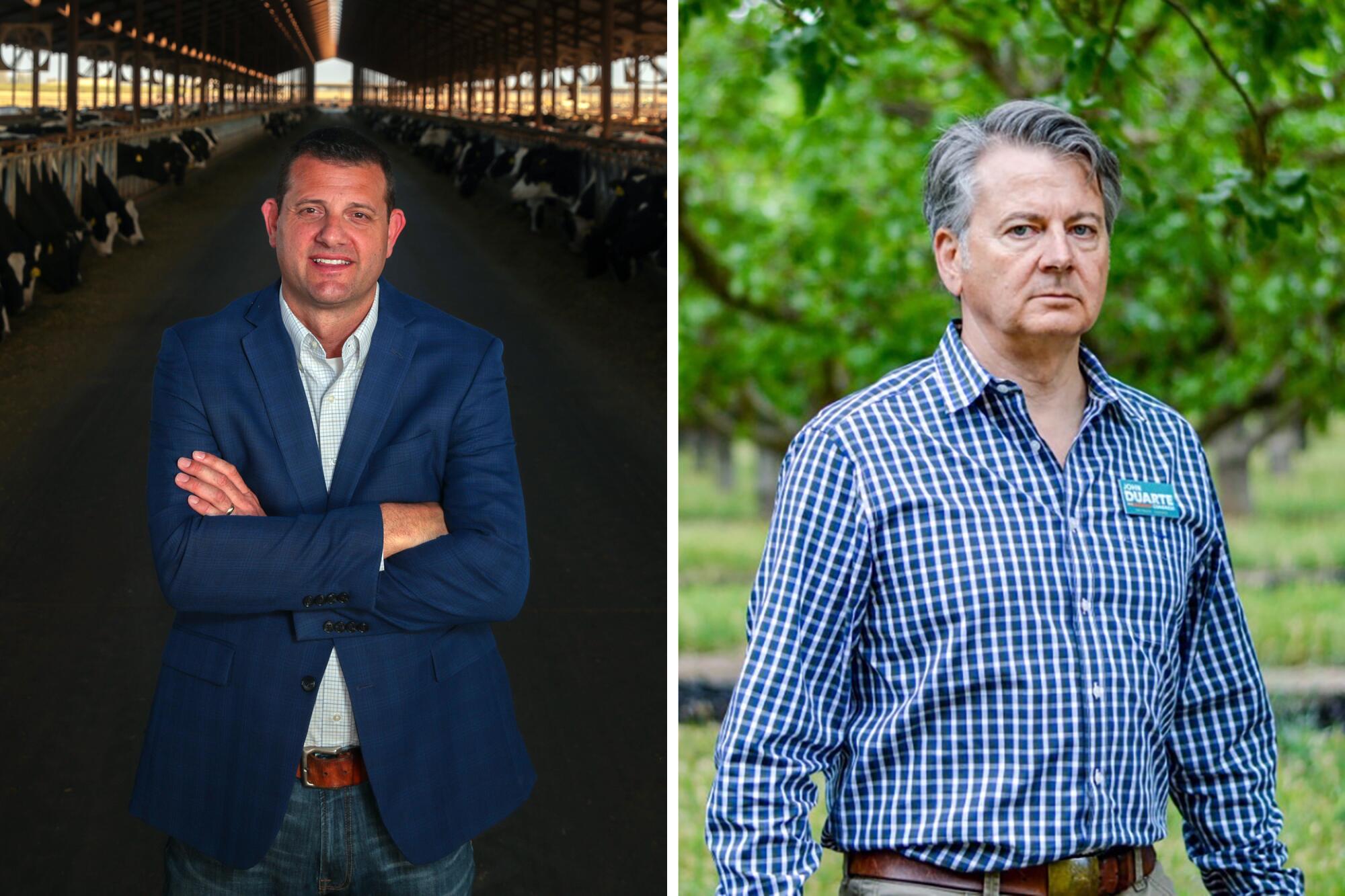 Side-by-side photos of a man with dark hair, in a navy blue jacket, left, and another in a blue plaid shirt