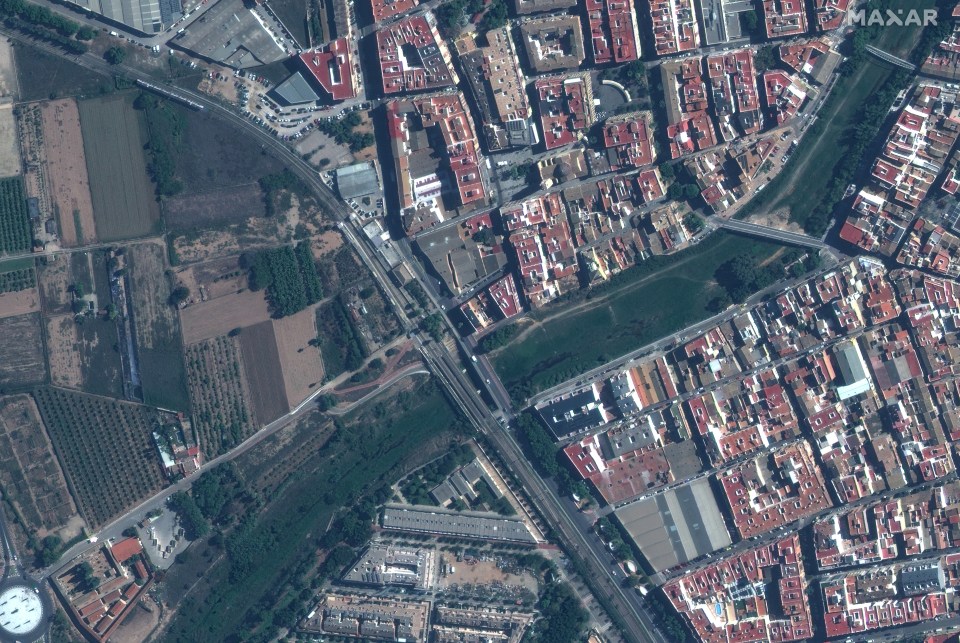 A satellite view of Paiporta on October 18 before the floods