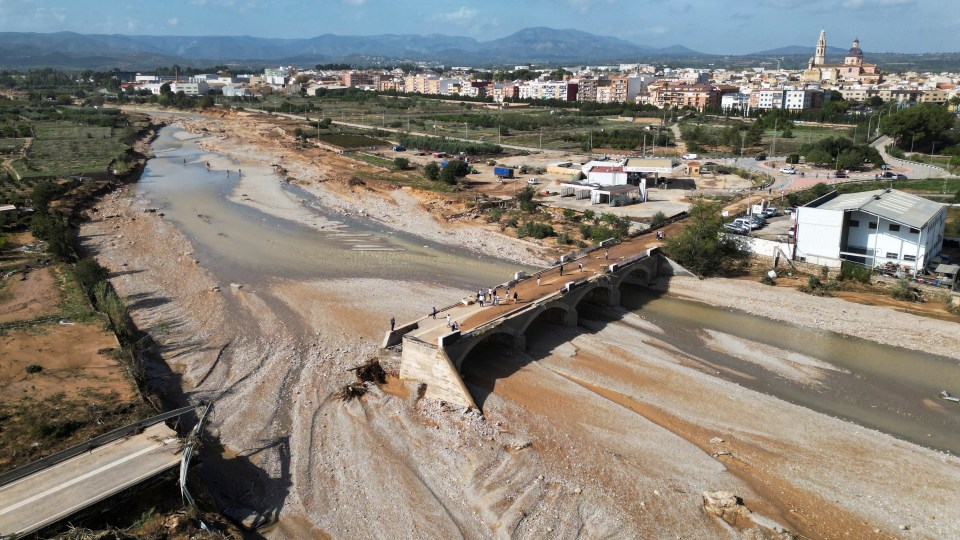 A drone view of a bridge in Cheste, Valencia which snapped under the pressure of the floods