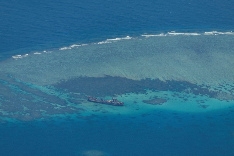 An aerial view shows the BRP Sierra Madre on the contested Second Thomas Shoal, locally known as Ayungin, in the South China Sea, March 9, 