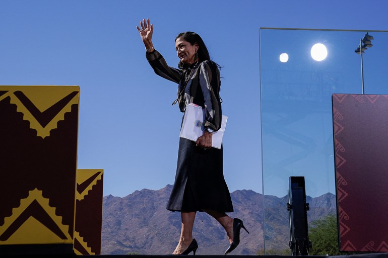 U.S. Interior Secretary Deb Haaland gestures, at Gila Crossing Community School in Gila River Indian Community, Arizona, U.S., October 25, 2024. REUTERS/Elizabeth Frantz