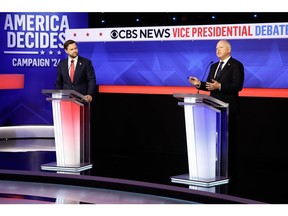 NEW YORK - OCTOBER 01: Republican vice presidential candidate, Sen. JD Vance (R-OH), and Democratic vice presidential candidate, Minnesota Gov. Tim Walz, participate in a debate at the CBS Broadcast Center on October 1, 2024 in New York City. This is expected to be the only vice presidential debate of the 2024 general election.