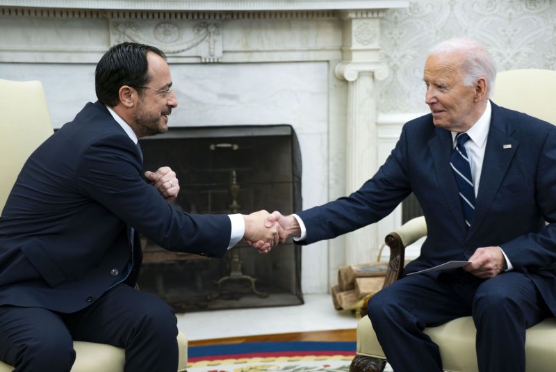 President Joe Biden shakes hands with President of Cyprus Nikos Christodoulides on Wednesday during a meeting in the Oval Office of the White House in Washington, D.C., where the two leaders discussed Ukraine, Gaza, energy diversification and regional security. Photo by Bonnie Cash/UPI