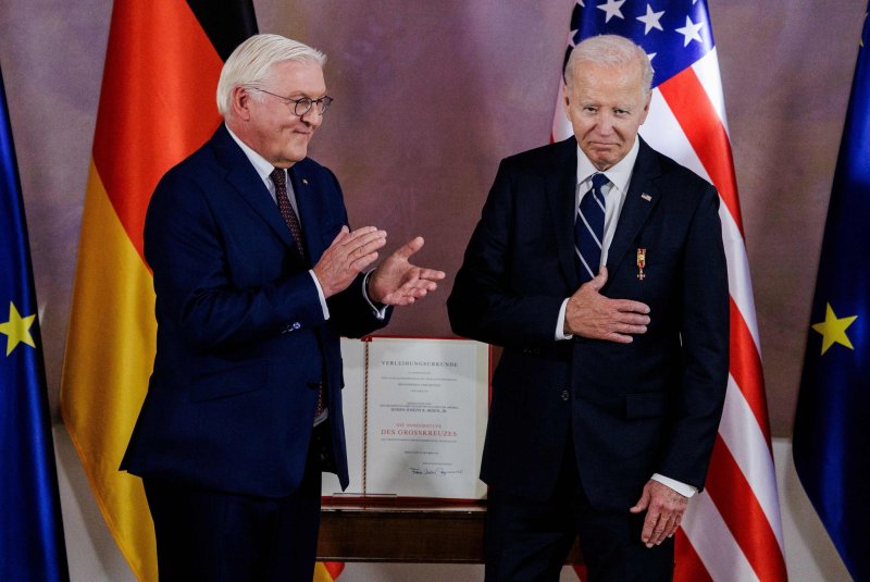 President Joe Biden met with German Chancellor Olaf Scholz and President Frank-Walter Steinmeier in Berlin Friday. The White House said they discussed Ukraine support, efforts to de-escalate in the Middle East and countering antisemitism and other forms of hate. Pool Photo by Carsten Ko/EPA-EFE