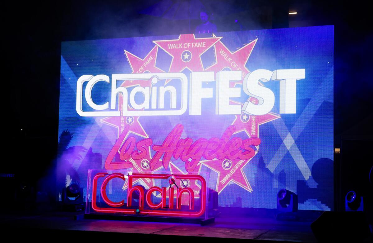 A ChainFEST sign at night. 