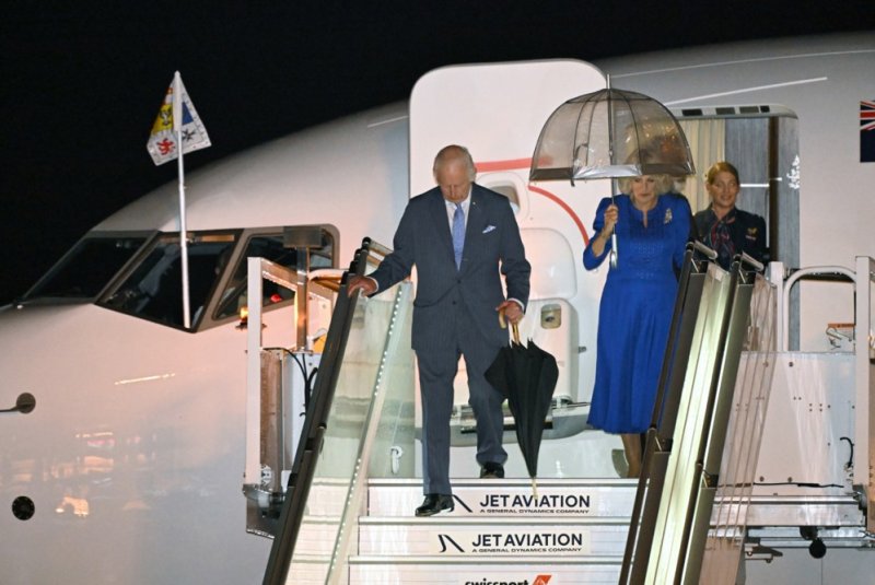 Britain's King Charles III (L) and Queen Camilla arrive in Sydney on Oct. 18 for a weeklong tour of Australasia and the Pacific. Opening a meeting of British Commonwealth heads in Samoa on Thursday the king appeared in a speech to endorse calls by some leaders of the bloc for reparatory justice. File photo by Dean Lewins/EPA-EFE