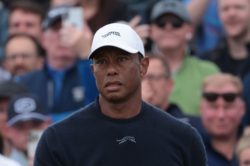 American Tiger Woods wears a Sun Day Red hat depicting a disputed tiger logo during the second round at the 152nd Open Championship at Royal Troon Golf Club in Troon, Scotland, on July 19. File Photo by Hugo Philpott/UPI