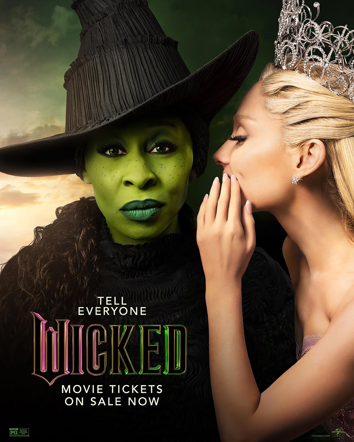 In the "Wicked" movie poster, Cynthia Erivo has green lips and looks into the camera.