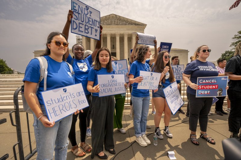 Student debt relief activists rally outside the US Supreme Court Friday, June 30, 2023, in Washington D.C. On Thursday, a Missouri federal judge placed an injunction against President Joe Biden's latest plan to cancel student debt for millions of borrowers. File Photo by Ken Cedeno/UPI