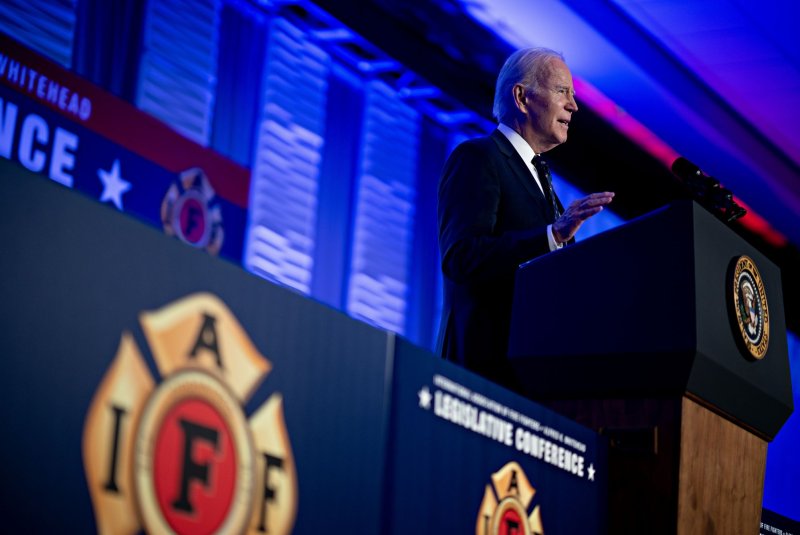 US President Joe Biden speaks at the International Association of Fire Fighters legislative conference in Washington, D.C., in 2023. The union endorsed Biden during the previous election cycle but declined Thursday to endorse either former President Donald Trump nor Vice President Kamala Harris. Photo by Andrew Harrer/UPI