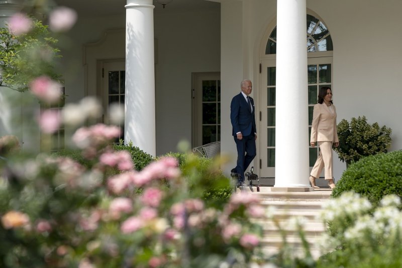 U.S. President Joe Biden and U.S. Vice President Kamala Harris attend an official event in the Rose Garden of the White House in Washington, D.C., (2021). The gardens serve as a backdrop to many official government bill signings and diplomatic meetings. Later this month, the public can see the gardens up close and for free. File Photo by Stefani Reynolds/UPI