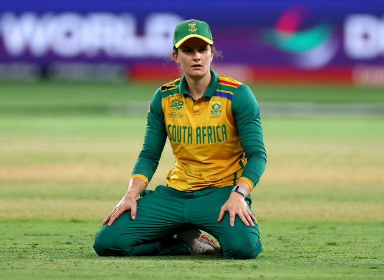 DUBAI, UNITED ARAB EMIRATES - OCTOBER 17: Laura Wolvaardt of South Africa reacts during the ICC Women's T20 World Cup Semi-Final between Australia and South Africa at Dubai International Stadium on October 17, 2024 in Dubai, United Arab Emirates. (Photo by Francois Nel/Getty Images)