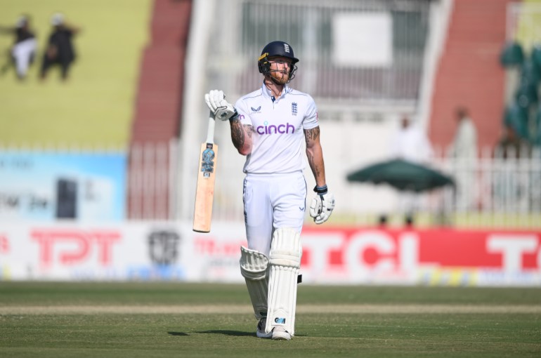 RAWALPINDI, PAKISTAN - OCTOBER 26: England batsman Ben Stokes reacts after being dismissed during day three of the 3rd Test Match between Pakistan and England at Rawalpindi Cricket Stadium on October 26, 2024 in Rawalpindi, Pakistan. (Photo by Stu Forster/Getty Images)