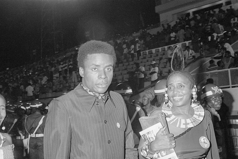 (Original Caption) 10/29/1974-Zaire: Singer Miriam Makeba with friend at the Ali-Foreman fight.