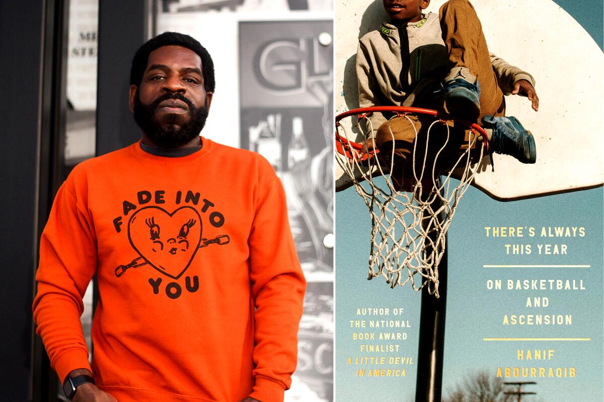 Author Hanif Abdurraqib, in an orange shirt, next to a photo of the cover of his book "There's Always This Year"