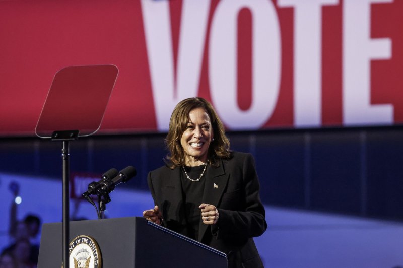 Kamala Harris told reporters in Wisconsin Thursday Donald Trump's remark that he will protect women "whether they like it or not" is offensive to everybody because it disrespects the right and ability of women to make their own life decisions, including about their own bodies. Photo by Tannen Maury/UPI