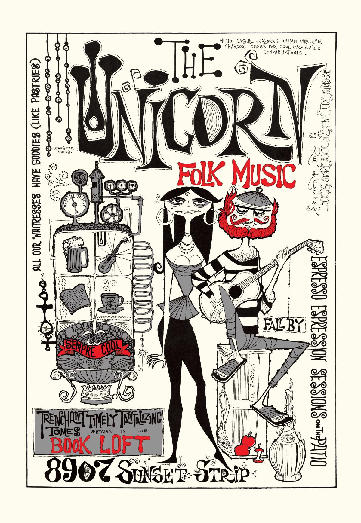 A male and female musician on a poster for the Unicorn designed in a beatnik style. 