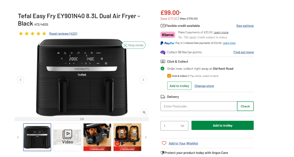 The same dual air fryer is listed online for £99