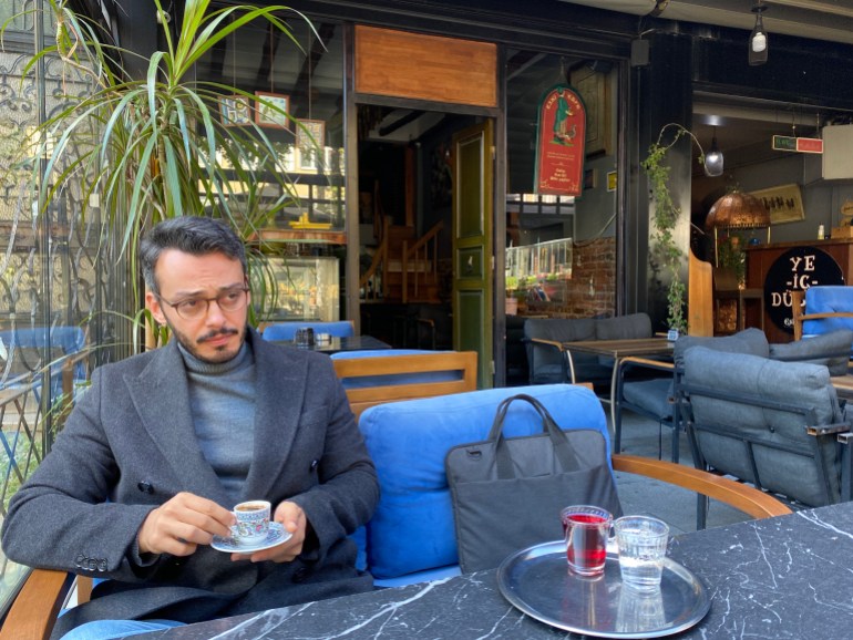 Ahmet Faruk Yilmaz, a 29-year-old artist sipping his Turkish tea. 