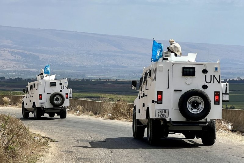 United Nations Interim Force (UNIFIL) vehicles patrol in Wazzani village, southern Lebanon, on Sept. 15, 2024. File Photo by EPA-EFE/STR