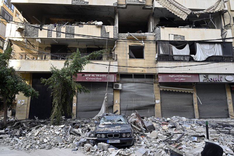 The aftermath of an Israeli airstrike on the Dahieh district in south Beirut, Lebanon, October 8, 2024. Israel Defense Forces claimed its warplanes had killed Suhail Hussein Husseini, the military commander of Hezbollah’s headquarters in the Lebanese capital. Photo by Wael Hamzeh/EPA-EFE