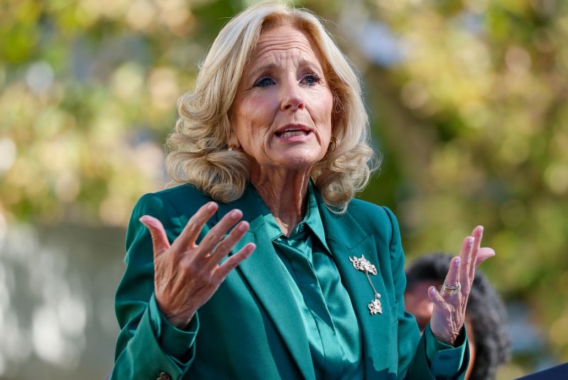 First Lady Jill Biden speaks to guests in the Rose Garden during the unveiling of a new enhanced, educational White House public tour for visitors on Monday in Washington D.C. Photo by Jemal Countess/UPI