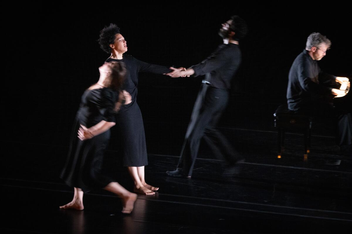 Dancer Bobbi Jene Smith, singer Julia Bullock and dancer Or Schraiber on the Wallis stage with pianist Conor Hanick.