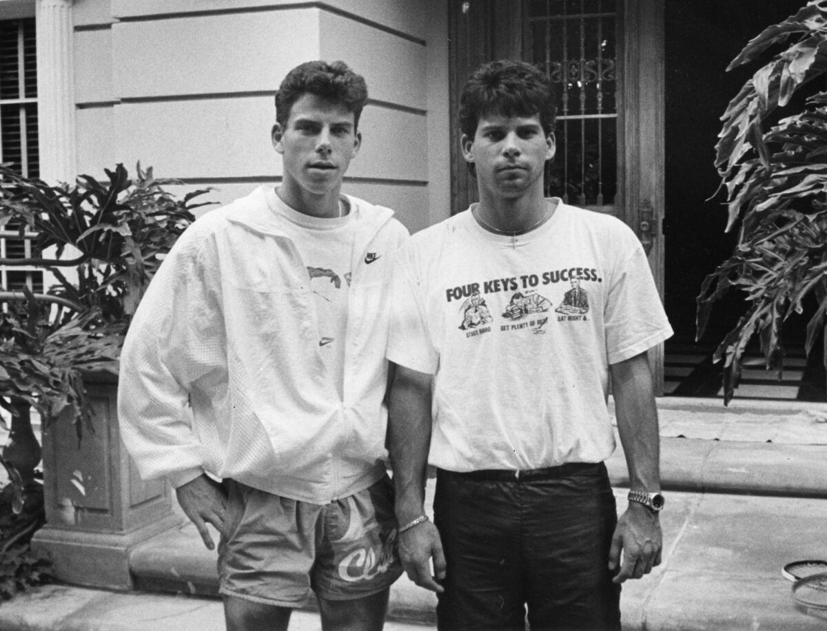 Erik Menendez, left, and is brother Lyle, in front of their Beverly Hills home.