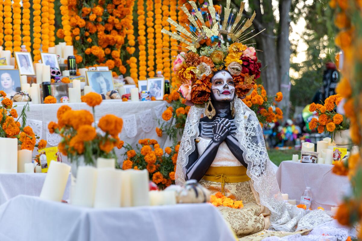 A woman seated near a Dia de los Muertos altar