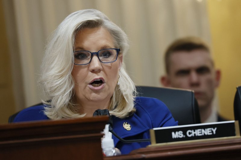 Liz Cheney, R-Wyo., makes an opening statement at the House Select Committee investigating the Jan. 6 attack on the U.S. Capitol on October 13, 2022. She will campaign with Kamala Harris on Thursday. File Photo by Jemal Countess/UPI