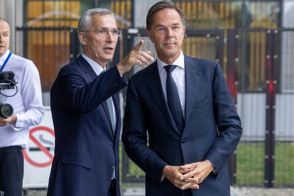 NATO's outgoing secretary-general Jens Stoltenberg with incoming leader Mark Rutte at a special NATO meeting in Belgium on Tuesday. Photo courtesy of NATO