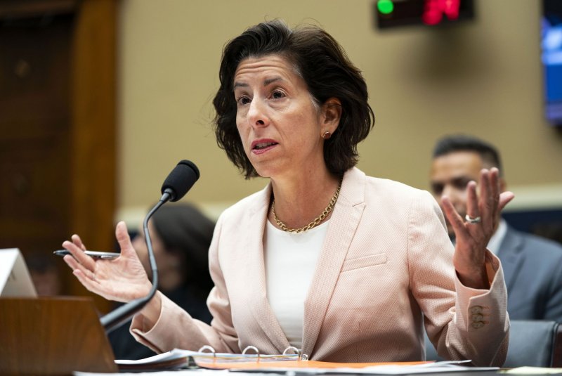 Commerce Secretary Gina Raimondo speaks during a House Subcommittee on Innovation, Data, and Commerce on June 26. She announced a $750 million investment to help North Carolina's Wolfspeed build a facility on Tuesday. File Photo by Bonnie Cash/UPI