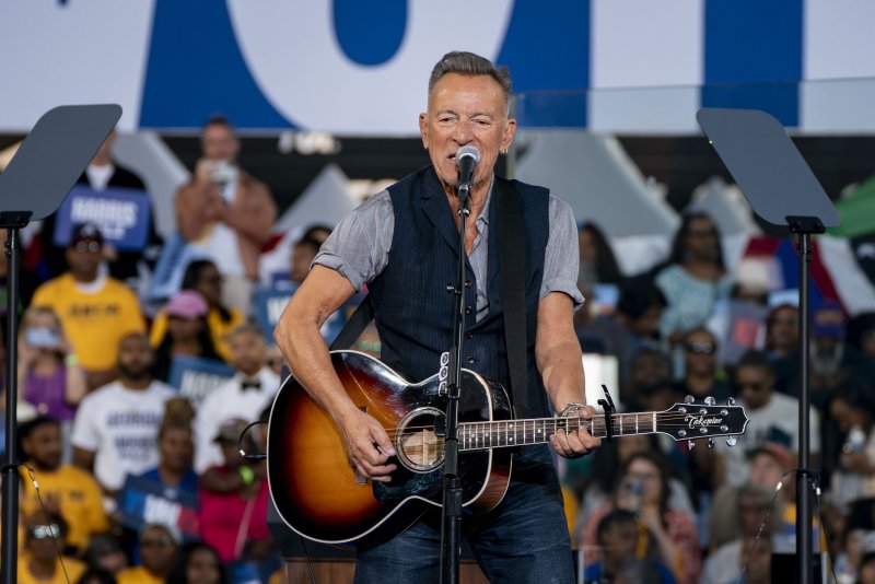 Singer-songwriter Bruce Springsteen preforms during a campaign rally for Vice President and Democratic presidential nominee Kamala Harris at the James R. Hallford Stadium in Clarkston, Georgia on Thursday. Photo by Bonnie Cash/UPI