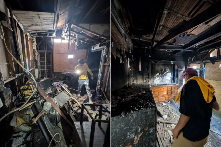 Christian Dominguez in his burnt house soon after the fire. The house has stayed in this condition