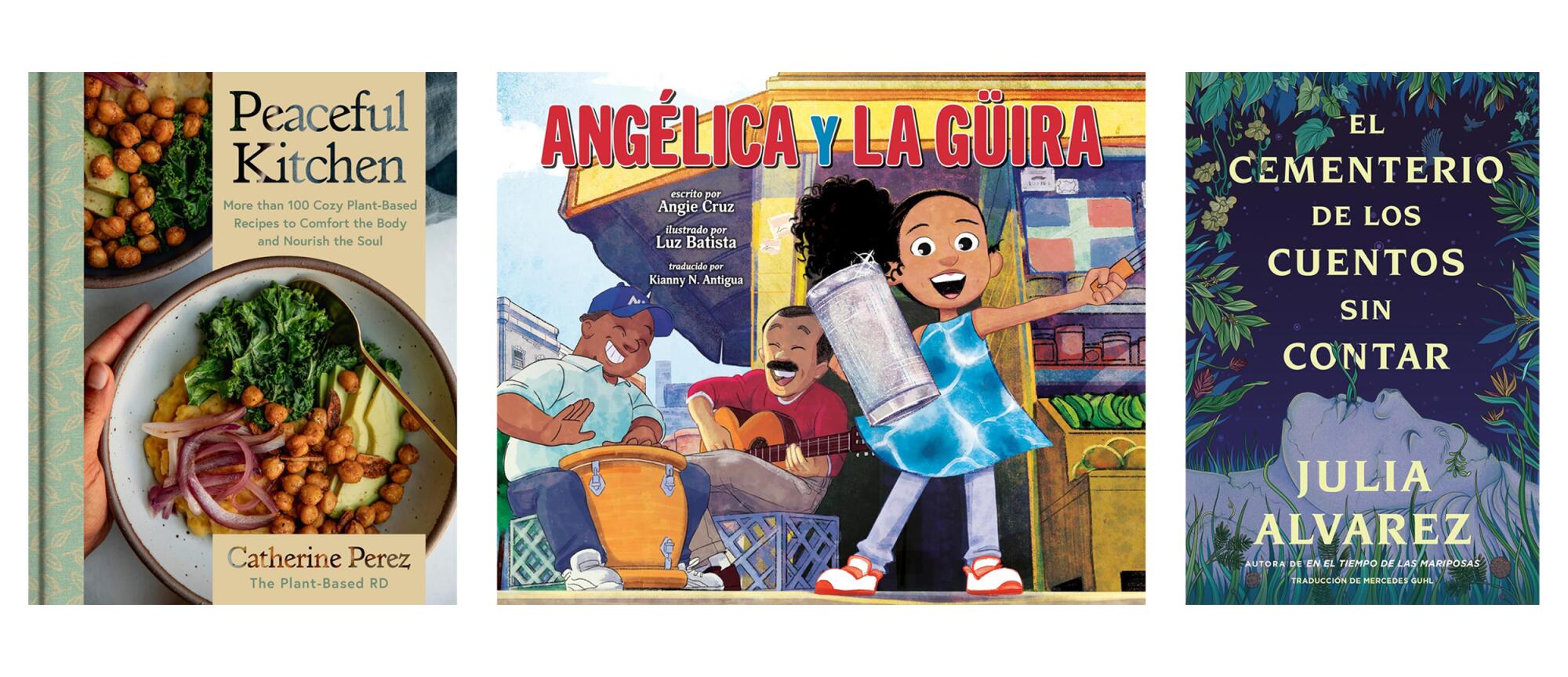 The front covers of three books: "Peaceful Kitchen," "Angélica y la Güira" and "El cementerio de los cuentos sin contar."