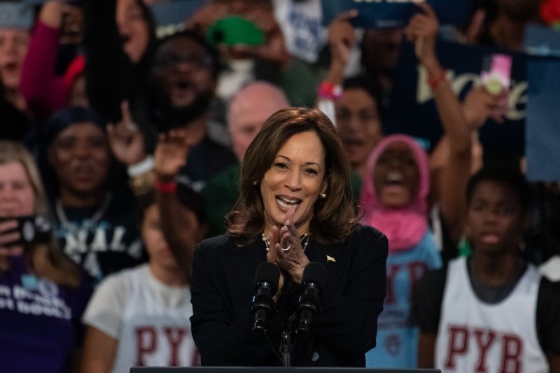 Democratic presidential nominee Vice President Kamala Harris speaks during a campaign rally in Philadelphia, Pa, on Sunday, October 27, 2024. Photo by David Muse/UPI