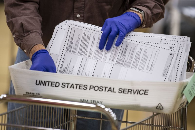 Canvassers process mail-in election ballots at a sorting facility in Gaithersburg, Maryland in 2020. 2024 will be only the second election when more voters will have cast ballots on Election Day than before it. Photo by Kevin Dietsch/UPI