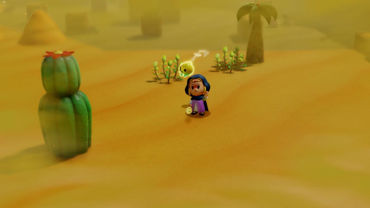 A princess in the desert approaching a cactus. 