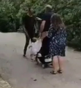 The one-year-old is innocently walking in front of her pushchair when a stranger approaches the family