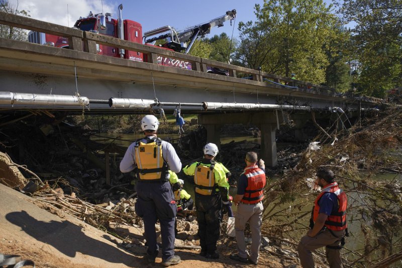 Responders from the Eastern Band of Cherokee, FEMA Urban Search and Rescue's Massachusetts Task Force 1, and local responders conduct a recovery operation in Clyde, Haywood County, N.C., on October 2, 2024. FEMA was forced to pause operations in some North Carolina counties due to threats, before a suspect was arrested over the weekend. Photo by Madeleine Cook/FEMA/UPI