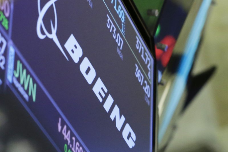 The logo for Boeing is displayed on the floor of the New York Stock Exchange on Wall Street on March 18, 2019. Boeing said that talks have broken down between it and its machinists' union. File Photo by John Angelillo/UPI