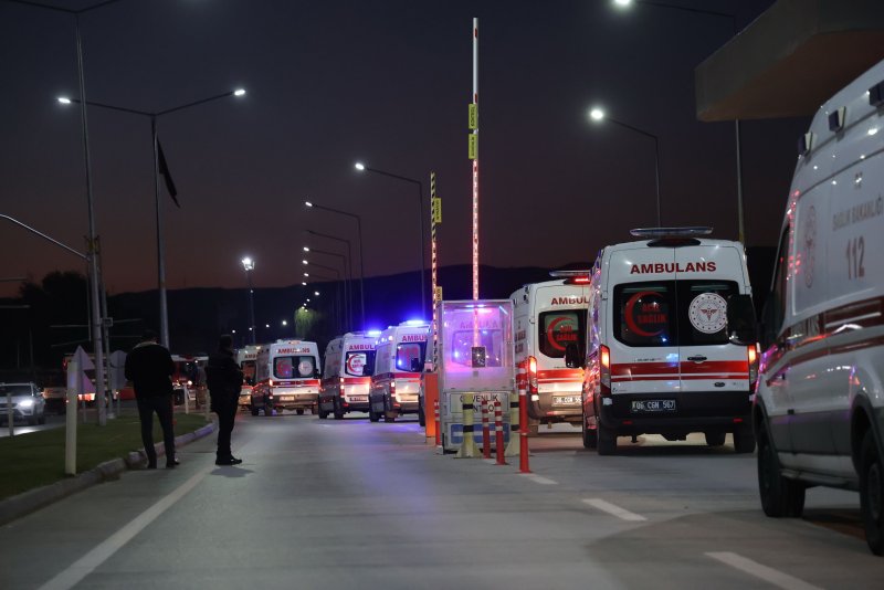 Ambulances arrive as policemen secure the area during a terror attack at the Turkish Aerospace Industries in Ankara, Turkey, on October 23, 2024. Five people died and 22 were injured in the incident. Late Wednesday, Turkish warplanes hit Kurdish militant targets in northern Iran and Syria in retaliation. Photo by Necati Savas/EPA-EFE