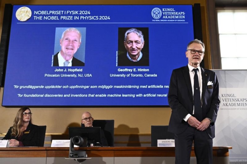 Professor Anders Irback speaks at a press conference at the Royal Swedish Academy of Sciences after announcing the winners of the 2024 Nobel Prize in Physics, in Stockholm, Sweden, on Tuesday to John J. Hopfield and Geoffrey E. Hinton. Photo by Christine Olsson/EPA-EFE