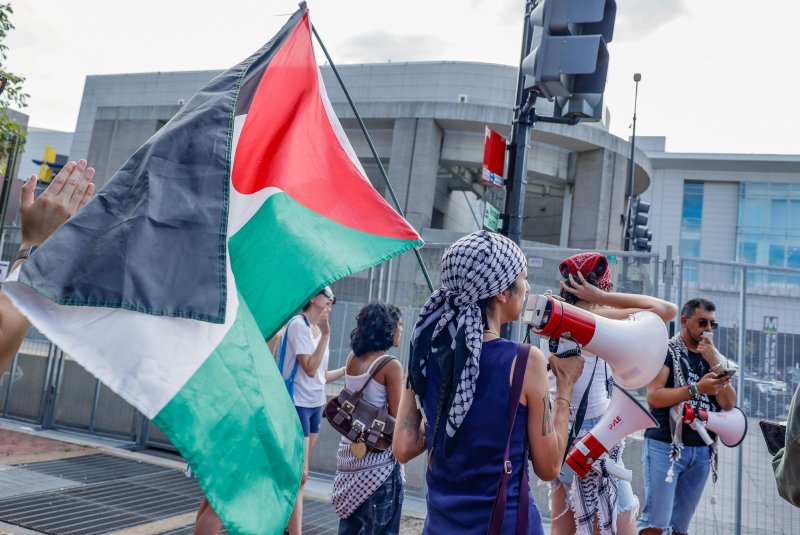 Pro-Palestinian protestors demonstrate outside of the NATO 75th anniversary summit at the Walter E. Washington Convention Center in Washington, D.C., this past summer. The United States and Canada on Tuesday announced a joint sanction of the Samidoun Palestinian Prisoner Solidarity Network as an alleged fundraiser for terrorist activities. File Photo by Jemal Countess/UPI