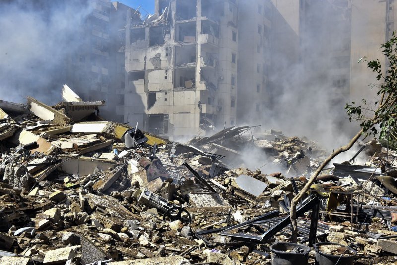 A view of damaged buildings following Israeli attacks on Laylaki and Haret Hireyk neighborhood of Dahieh region in Beirut, Lebanon, on Tuesday, October 1, 2024. The U.S. State Department on Thursday said it was working to get Americans who want out of the country on outbound flights. So far, the Biden administration has aided 250 Americans and their families flee Lebanon. Photo by Fadel Itani/UPI