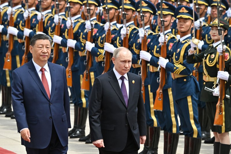 The U.S. Treasury Department Thursday sanctioned a Russia drone procurement network. Two of the companies are Chinese-based. It's the first time the U.S. has sanctioned PRC entities directly developing and producing complete weapons systems in partnership with Russian firms. Russian President Vladimir Putin (R) with Chinese President Xi Jinping in Beijing May 16. File photo by Sergey Bobylev/ EPA-EFE / Sputnik / Kremlin Pool